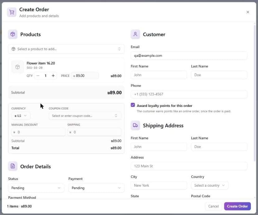 The Create Order window with one product added: the Products picker above a line for Flower item 16.20 with a quantity stepper and a Price of 89.00, a Subtotal, the Currency, Coupon Code, Manual Discount and Shipping fields with the Total, then Order Details (Status and Payment); on the right the Customer fields with a test email typed in, the checked "Award loyalty points for this order" box with its note, and the start of the Shipping Address; the Create Order button is active