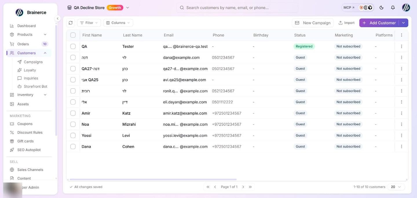 The Customers list with the Filter and Columns buttons, the New Campaign, Import and Add Customer buttons, and rows showing First Name, Last Name, Email, Phone, Birthday, Status (Registered or Guest), Marketing (Not subscribed) and Platforms columns