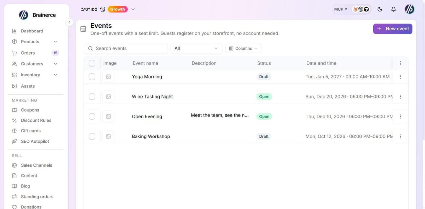 The Events page: a search box, a status filter, the Columns button and the New event button above a table whose rows show an image slot, the event name, description, status (Draft or Open) and date and time