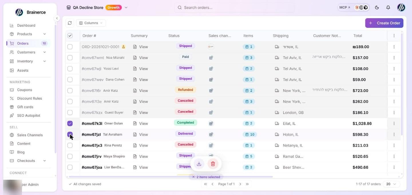 The Orders list with two orders ticked: a floating bar at the bottom reads "2 items selected" and holds a download (Export) button and a red Delete button; unread orders are bold on white rows and opened orders are grey; the columns are Order #, Summary, Status, Sales channel, Items, Shipping, Customer Note and Total