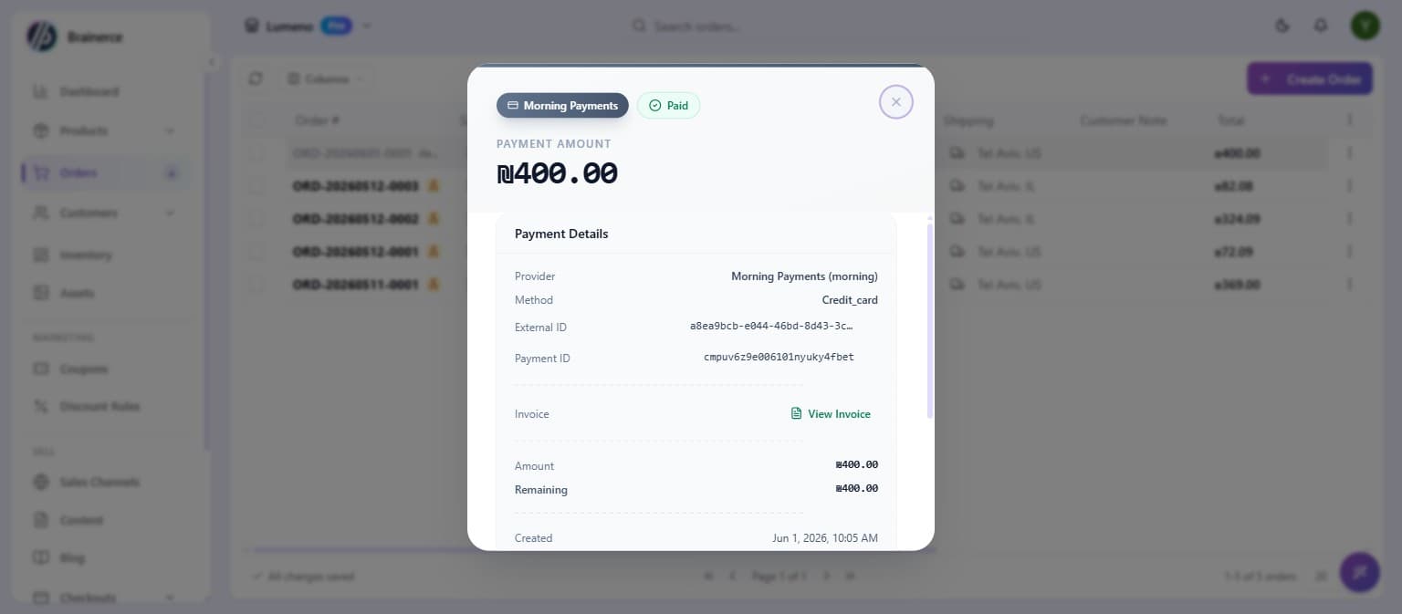 The Manage Payment view showing the provider, paid status, amount, and the Create Refund button