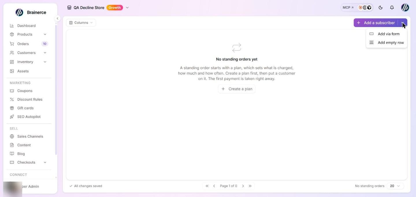 The Standing orders page of a store with no standing orders yet: the Columns button, the Add a subscriber button with its small arrow menu open showing Add via form and Add empty row, and the empty state "No standing orders yet" with a Create a plan button