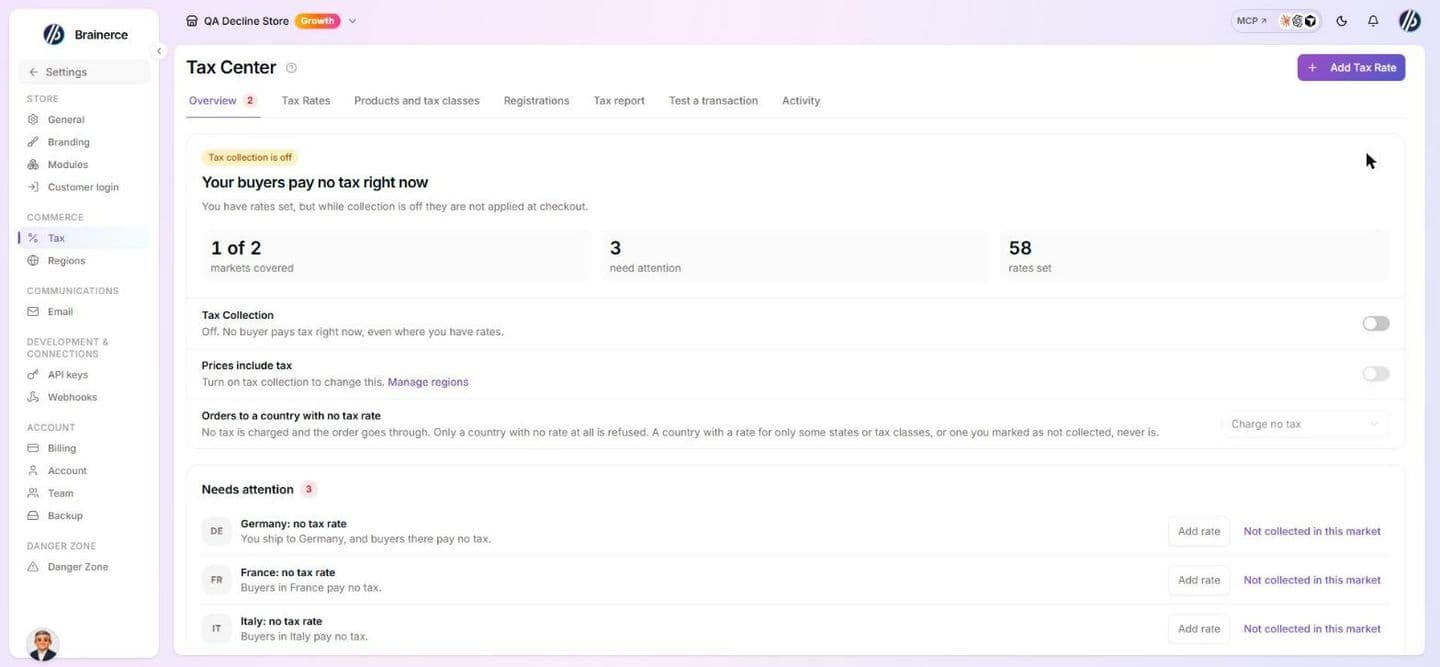 The Tax Center Overview tab with the status card reading Tax collection is off, the Tax Collection and Prices include tax switches, the Orders to a country with no tax rate setting, and the Add Tax Rate button