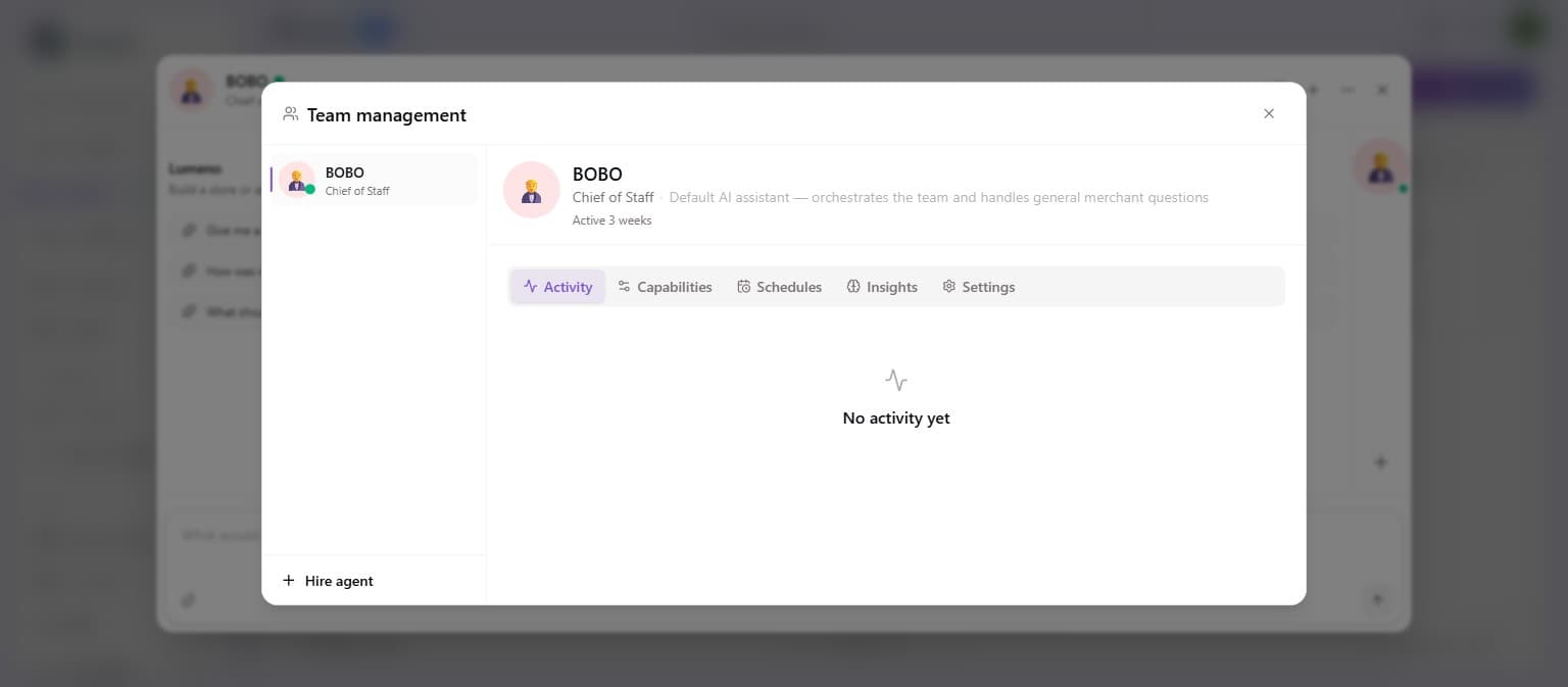 The Team management dialog showing BOBO with Activity, Capabilities, Schedules, and Settings tabs, and a Hire agent button