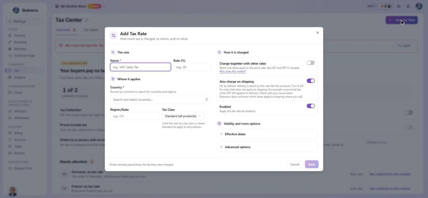 The Add Tax Rate dialog with three sections: The rate (Name and Rate %), Where it applies (Country, Region/State, Tax Class), and How it is charged (Charge together with other rates, Also charge on shipping, Enabled), plus Effective dates and Advanced options