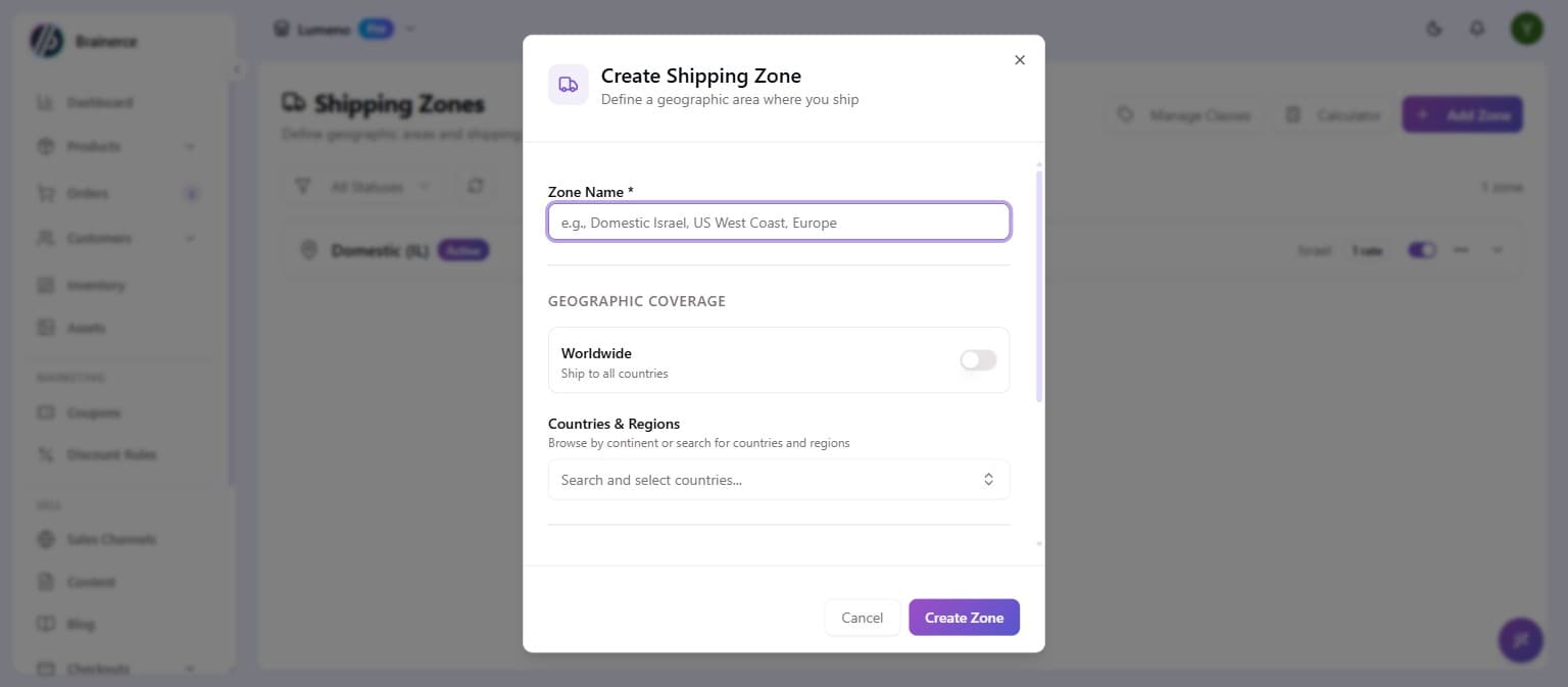 The Create Shipping Zone dialog with the zone name, Worldwide toggle, and country selector