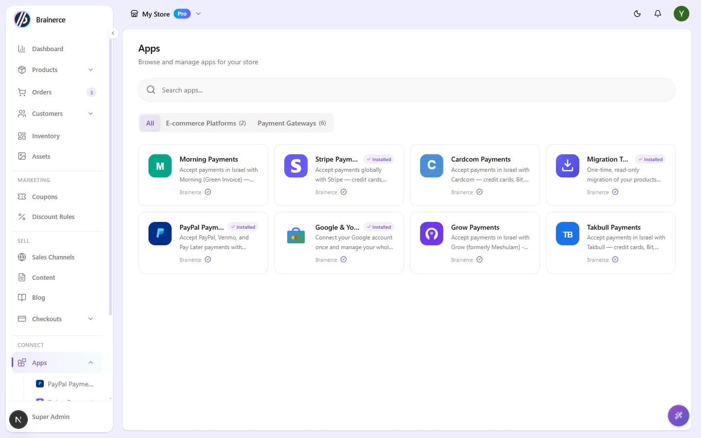 The Apps marketplace filtered to Payment Gateways