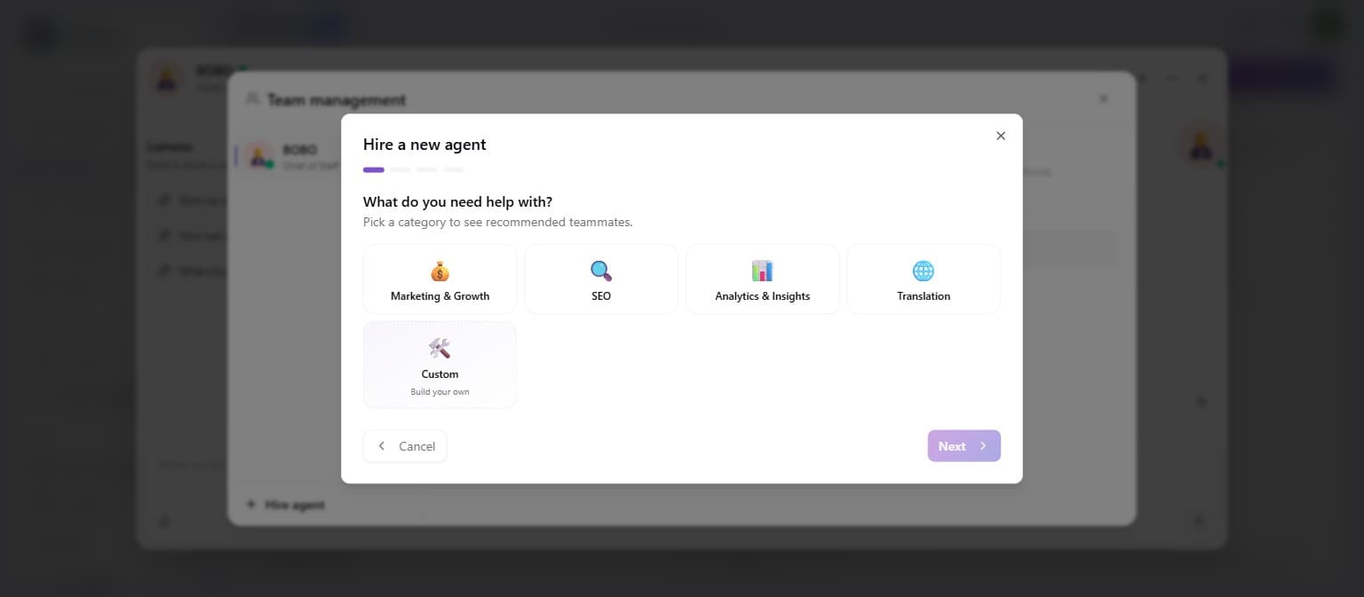 The Hire a new agent wizard at step one, choosing a category like Marketing & Growth, SEO, or Custom