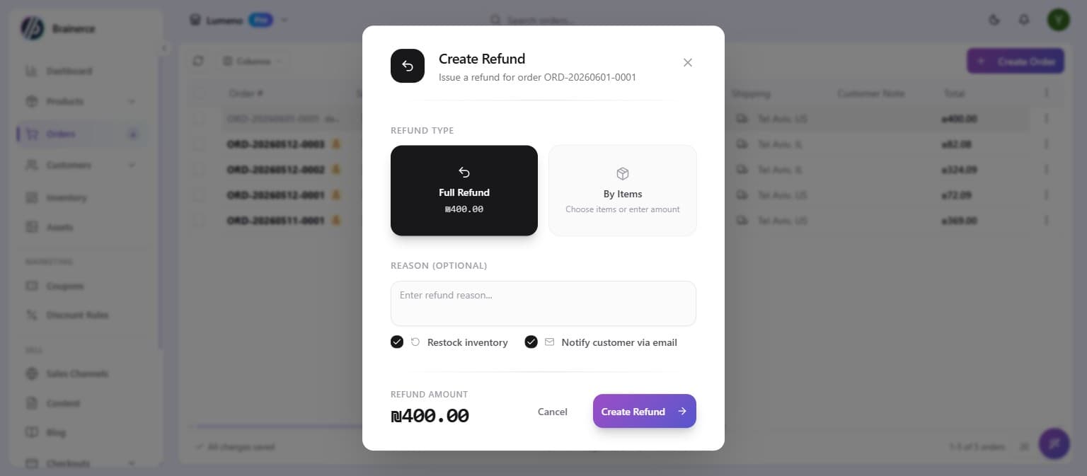 The Create Refund dialog set to Full Refund, with Restock inventory and Notify customer options