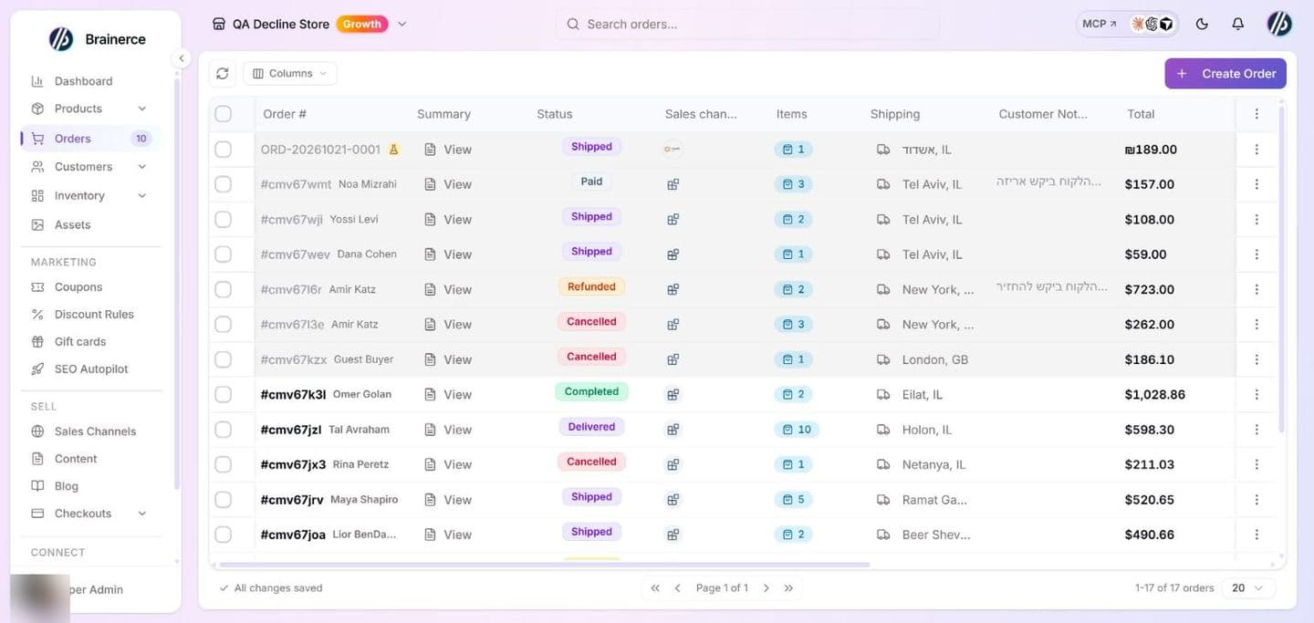 The Orders list showing order numbers, the Summary column with View buttons, the Status column with a status badge on each order, Sales channels, Items, Shipping, Customer Note and Total