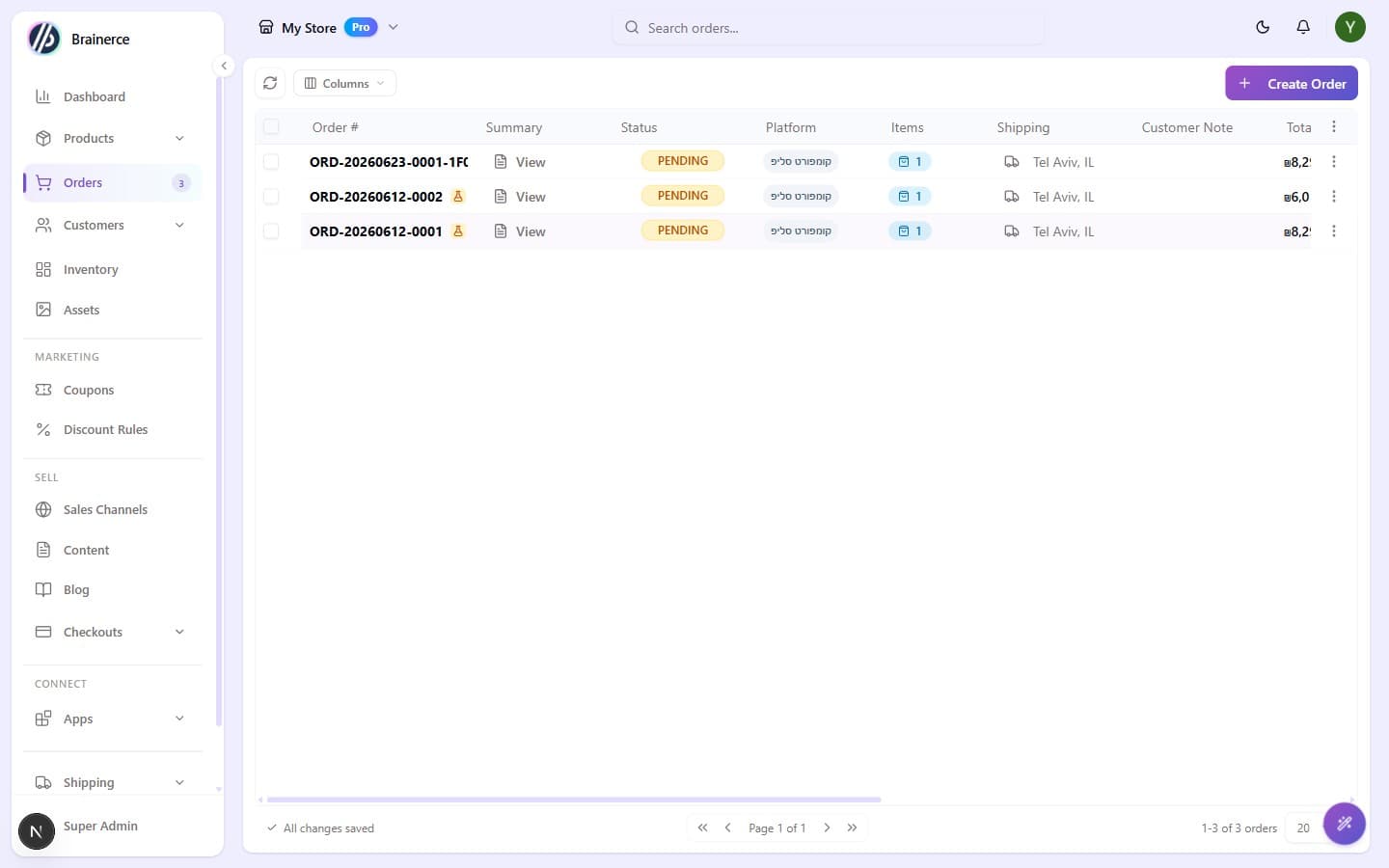 The Orders list showing order numbers, the Status column with Pending, Platform, Items, Shipping, and Total