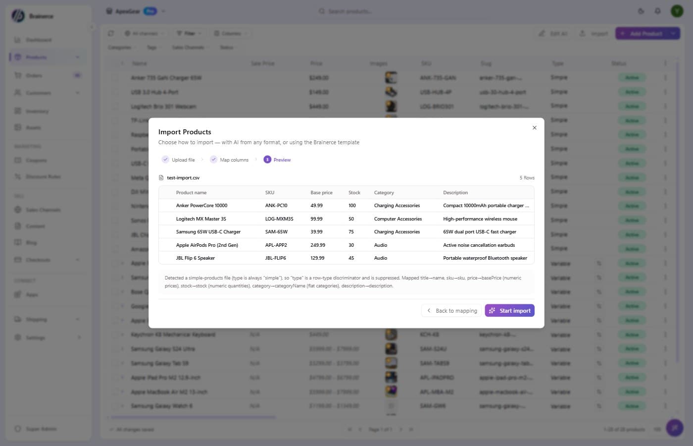 Preview step showing 5 rows with product name, SKU, base price, stock, category, and description columns, plus Back to mapping and Start import buttons