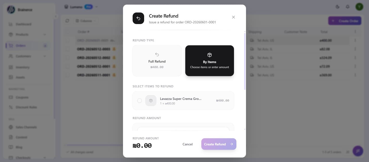 The Create Refund dialog set to By Items, listing the order's items to select with a refund amount