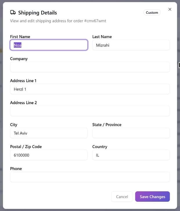 The Shipping Details window with First Name, Last Name, Company, Address Line 1, Address Line 2, City, State / Province, Postal / Zip Code, Country and Phone fields, and the Cancel and Save Changes buttons