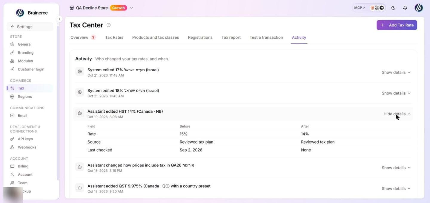 The Activity tab of the Tax Center, headed "Who changed your tax rates, and when", listing each change with who made it (System or Assistant), what changed and when, and one row opened with Show details to reveal a Field, Before and After table covering Rate, Source and Last checked