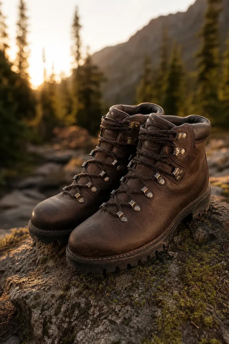 A pair of brown leather hiking boots on a mossy rock at sunset
