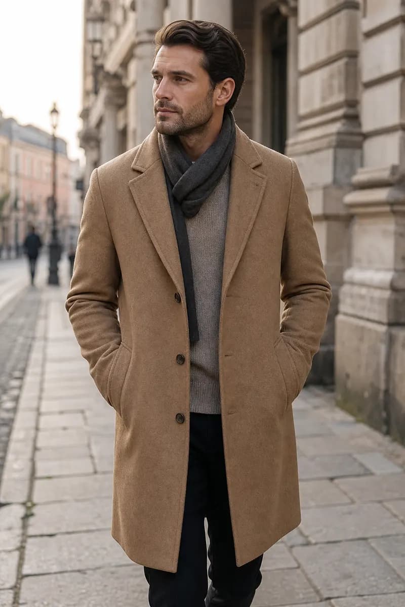 A man walking down a city street in a camel wool overcoat