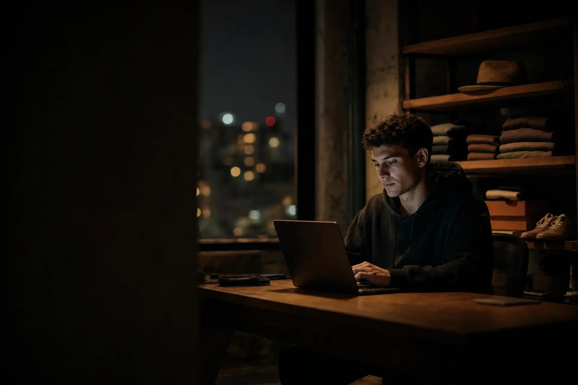 A young man working on a laptop at night in a small clothing store, with shelves of folded sweaters, a hat and sneakers behind him