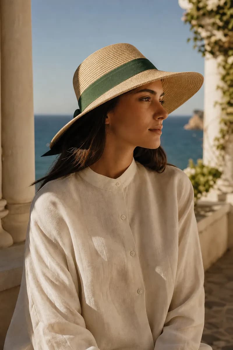 A woman in a wide straw sun hat on a seaside terrace